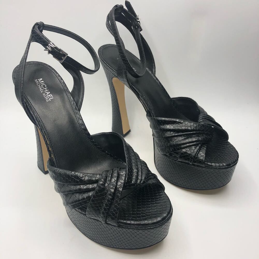 Michael Kors Selena Snake Embossed Leather Platform Sandal Black Size 9 M